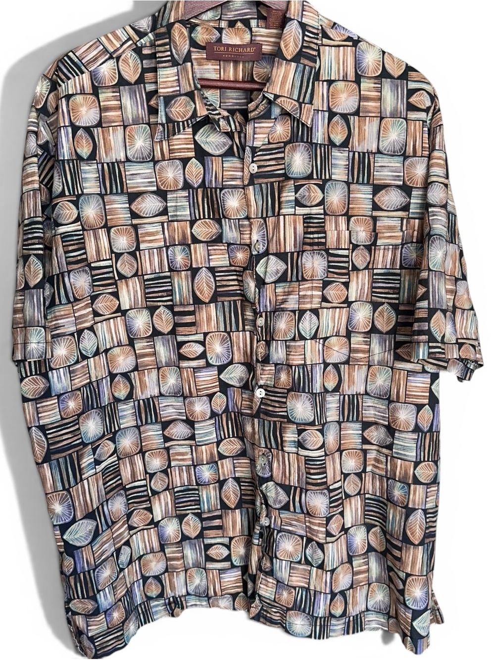 VTG Tori Richard Cotton Lawn Hawaiian Shirt Geometric Mosaic Leaf Print Men's
